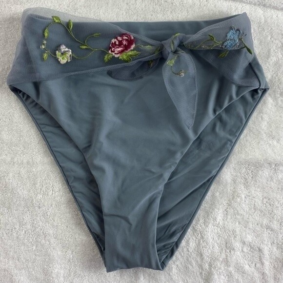 Anthropologie Bikini Bottoms High-Waisted Steel Blue Embroidered Sz S NWOT - Picture 2 of 9
